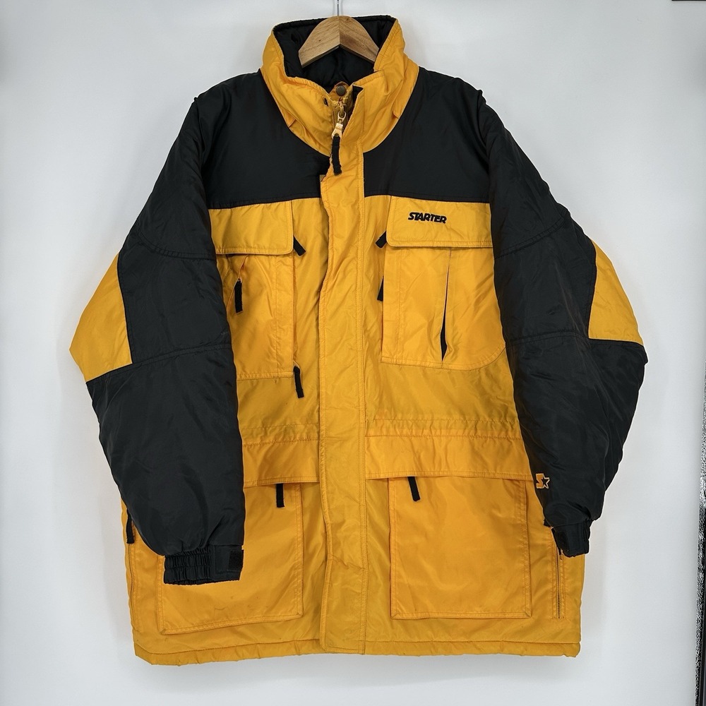 vintage Starter yellow and black colorblock puffer winter ski jacket Large